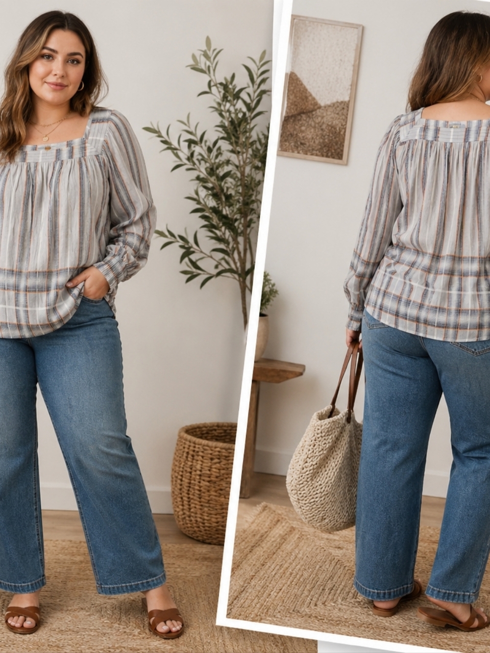 LC Lauren Conrad XL Plaid Square Neck Peasant Blouse Contemporary Boho Top